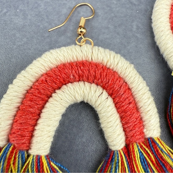 Colorful Macrame Rainbow Tassel Earrings Red Yellow Blue - Picture 5 of 12